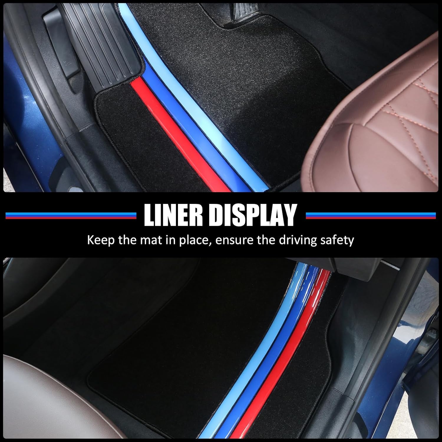 Floor Mats Compatible with BMW E46 3-Series 1999-2005, M3 Coupe 2001-2006, Premium Quality Front & Rear Factory Floor Mat M Color Stripe by