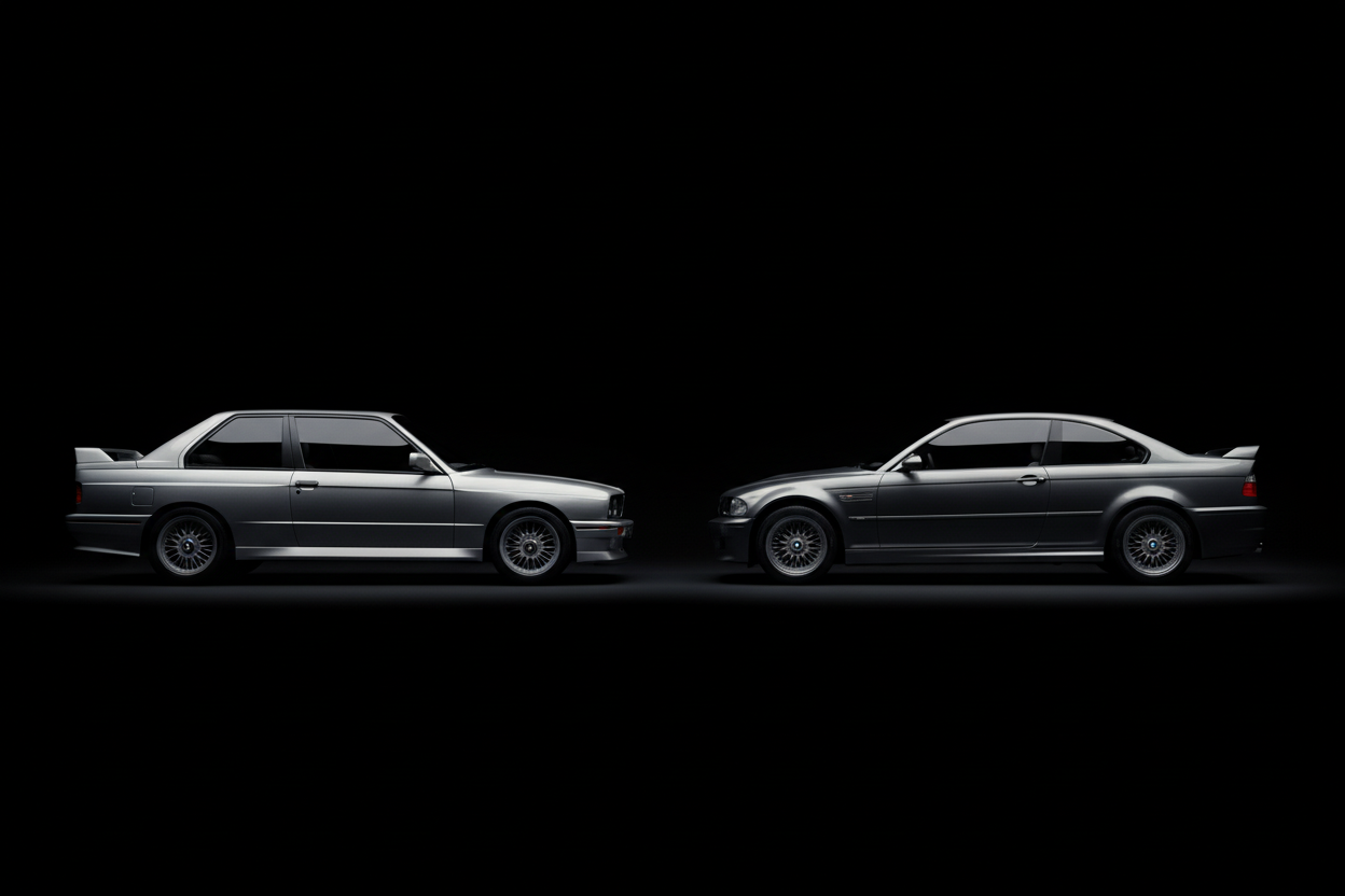 AN E30 M3 from the side in a dark black background, dar vibe